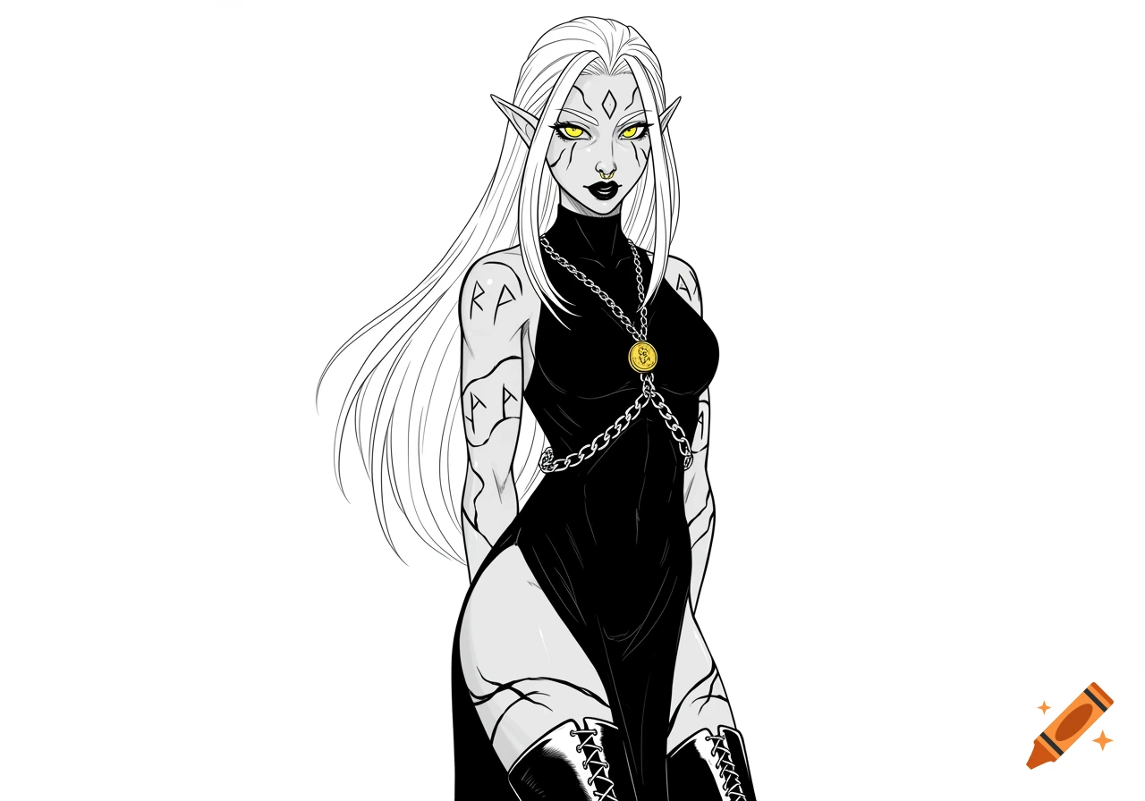 A black outline illustration of an eldarin elf with white hair, yellow eyes, and rune tattoos on her arms, wearing a black dress and chained necklace.