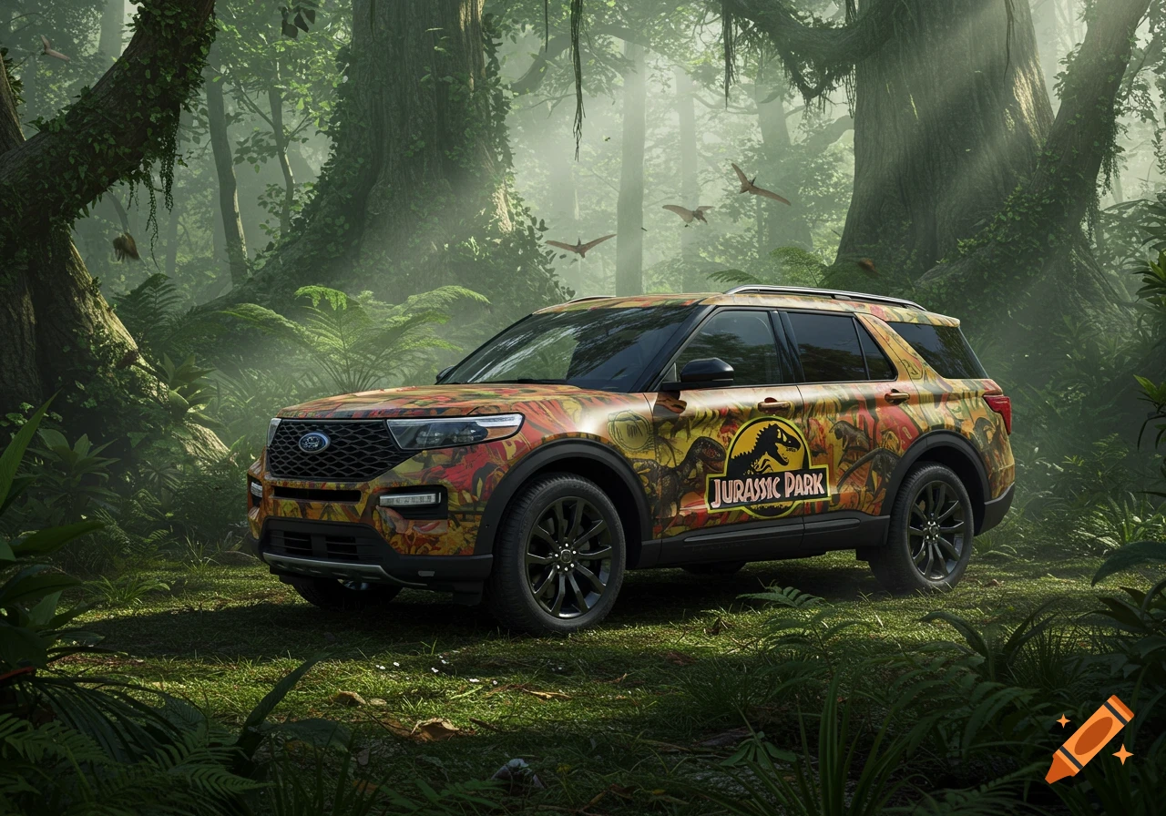 A Ford Explorer SUV with Jurassic Park livery, featuring dinosaur patterns and the logo, parked in a lush, misty jungle.