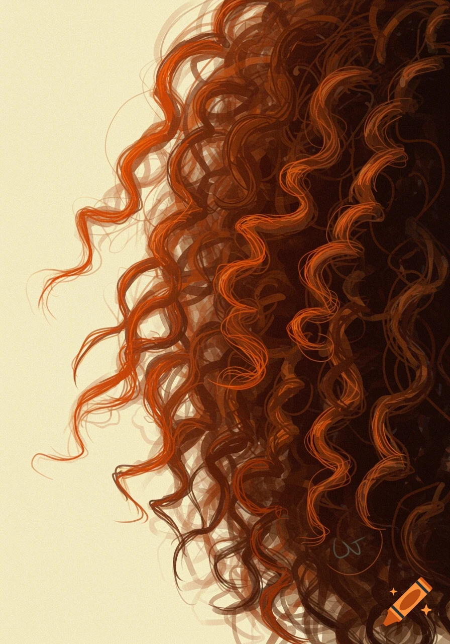 Close-up digital illustration of flowing, textured reddish-brown curly hair against a light background.
