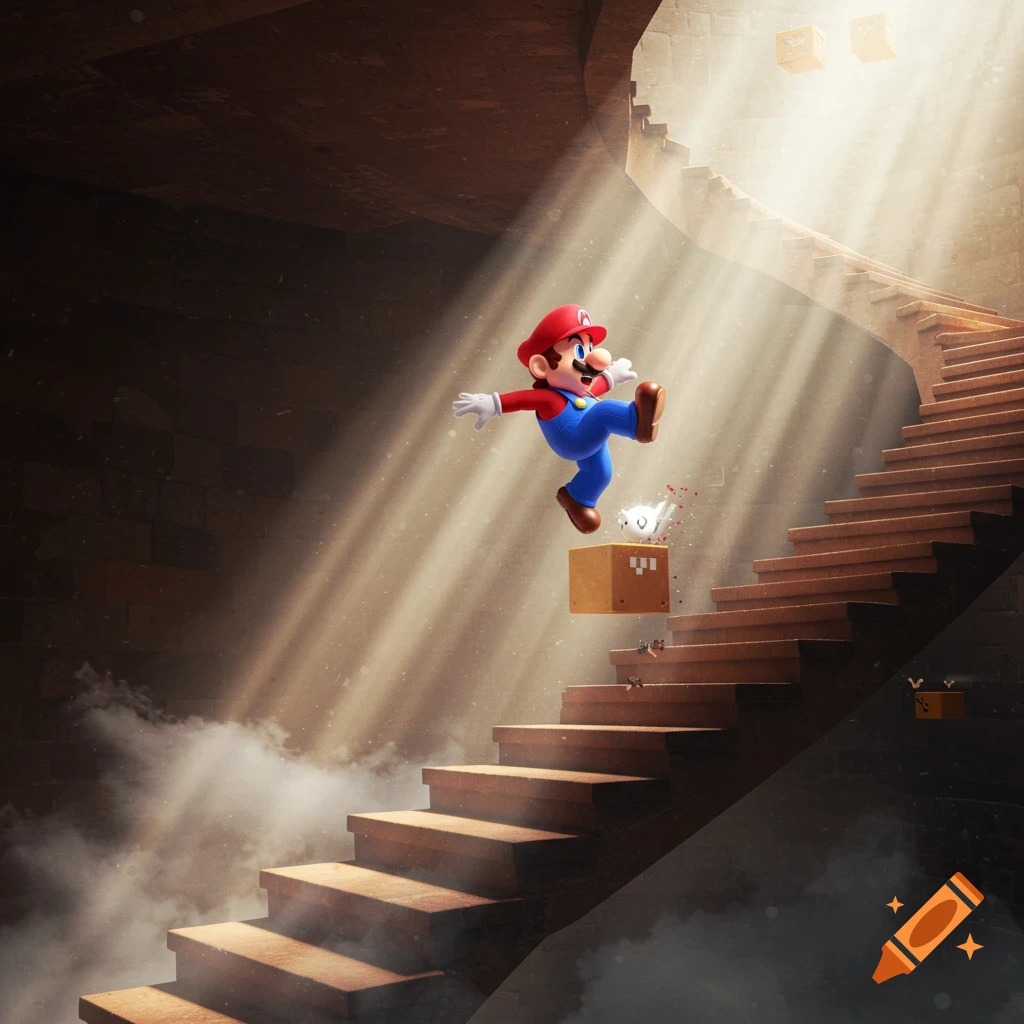 Mario jumping from a question block on a grand, sunlit spiral staircase, with dust motes in the air.