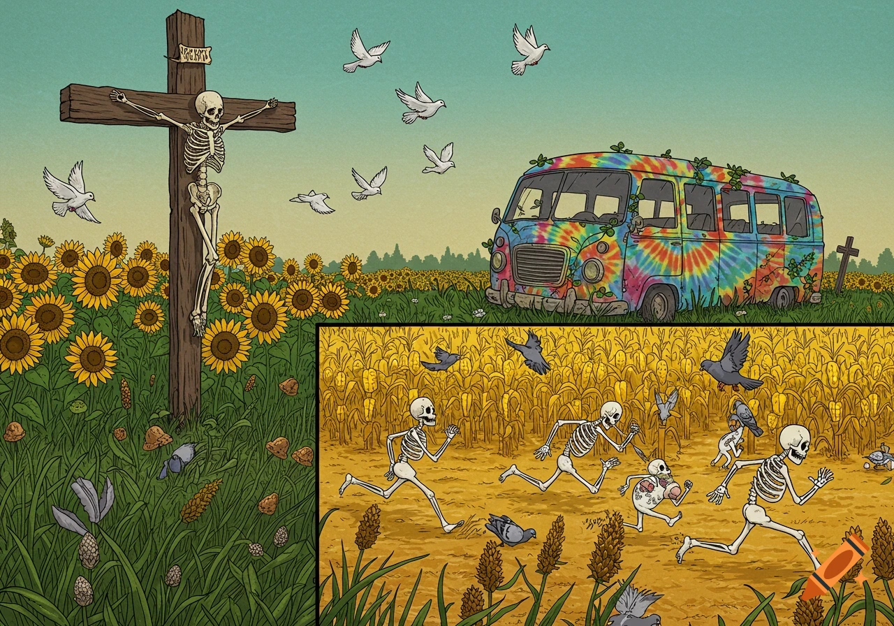 A cartoon image featuring a skeleton crucified on a cross in a sunflower field, doves flying, an abandoned tie-dyed van, and skeletons running from pigeons in a corn maze.