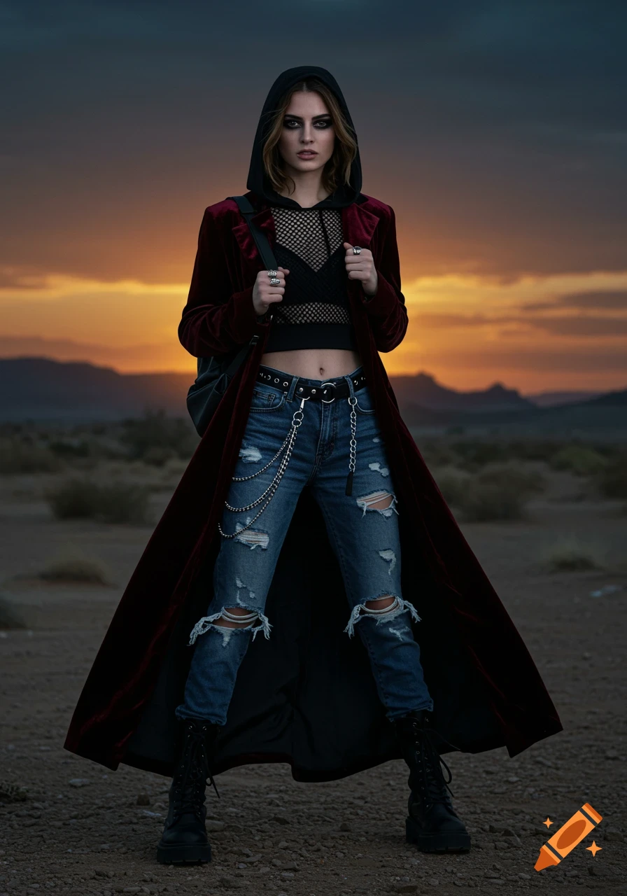 A woman in a long velvet coat, ripped jeans, and combat boots stands in a desert at sunset, looking directly at the camera.