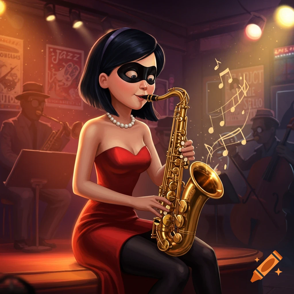 Violet from The Incredibles, wearing a red strapless dress and a black mask, plays a golden saxophone in a jazz club.