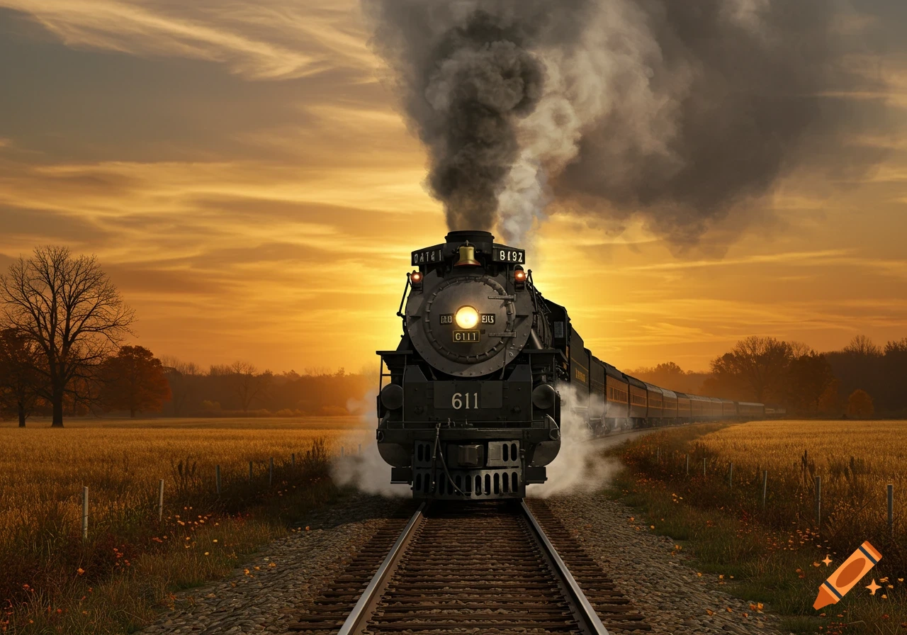 A photorealistic image of a black steam train moving on tracks through a golden field at sunset, emitting a large plume of smoke.