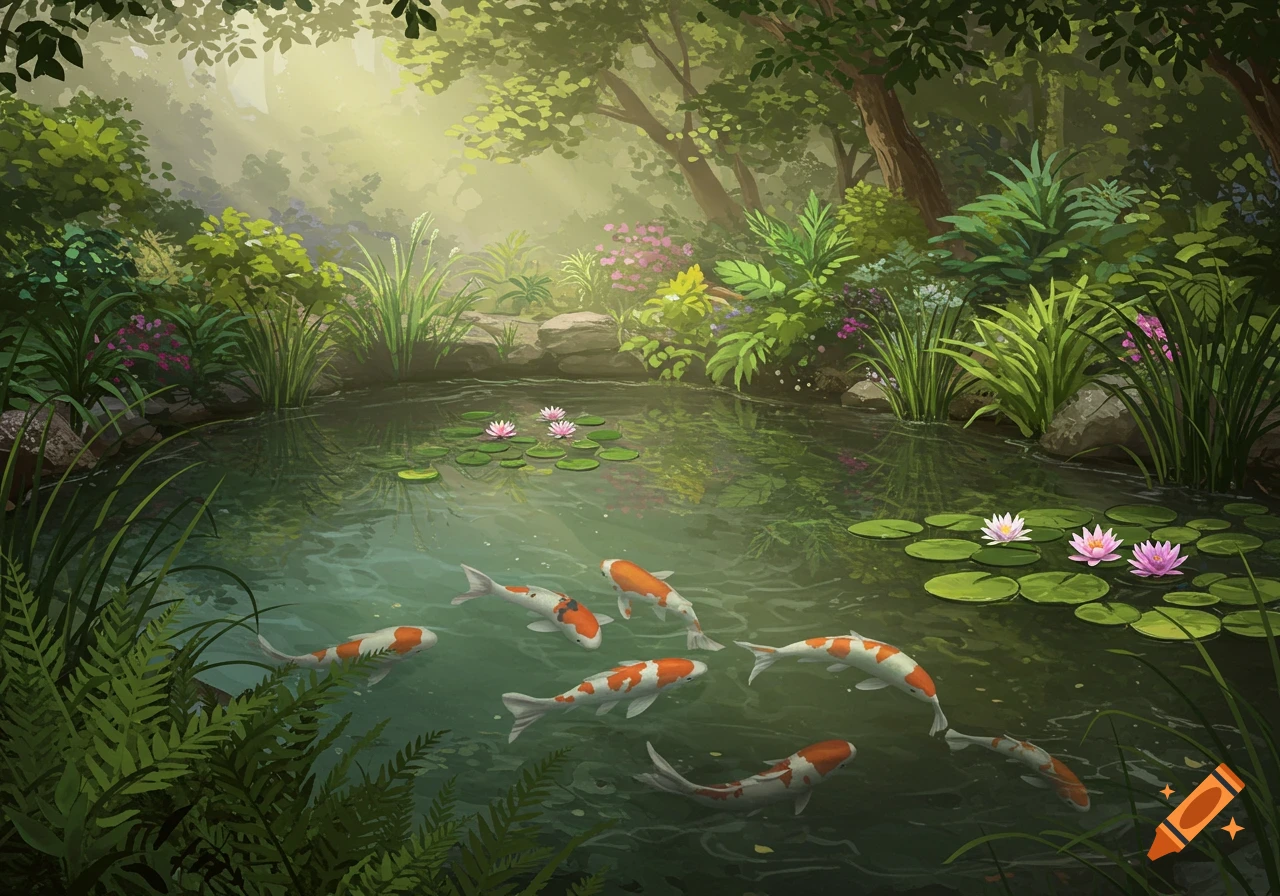 An illustration of a serene pond with six orange and white koi fish swimming among green lily pads and pink water lilies. Sunlight filters through the dense green foliage of the surrounding forest.