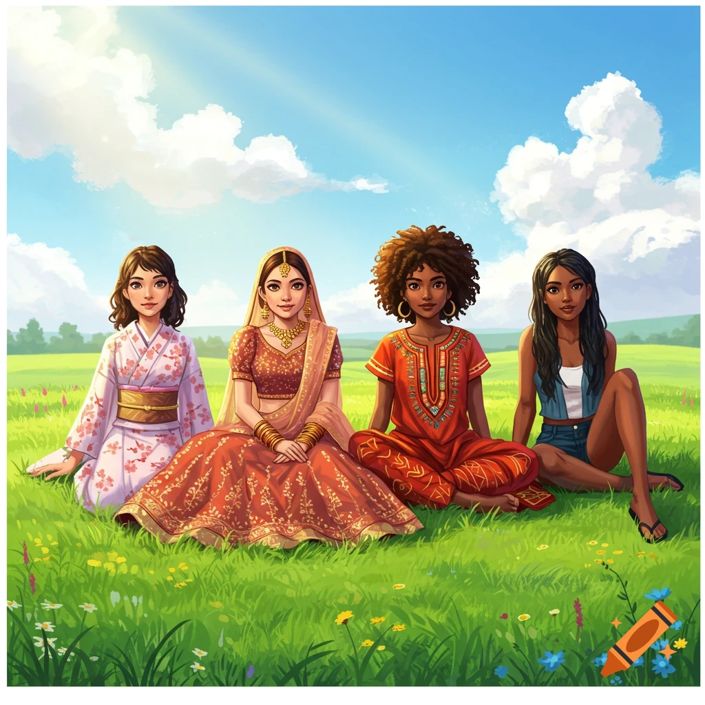 Four diverse girls in traditional and modern clothes sit in a sunny green field, illustrated.