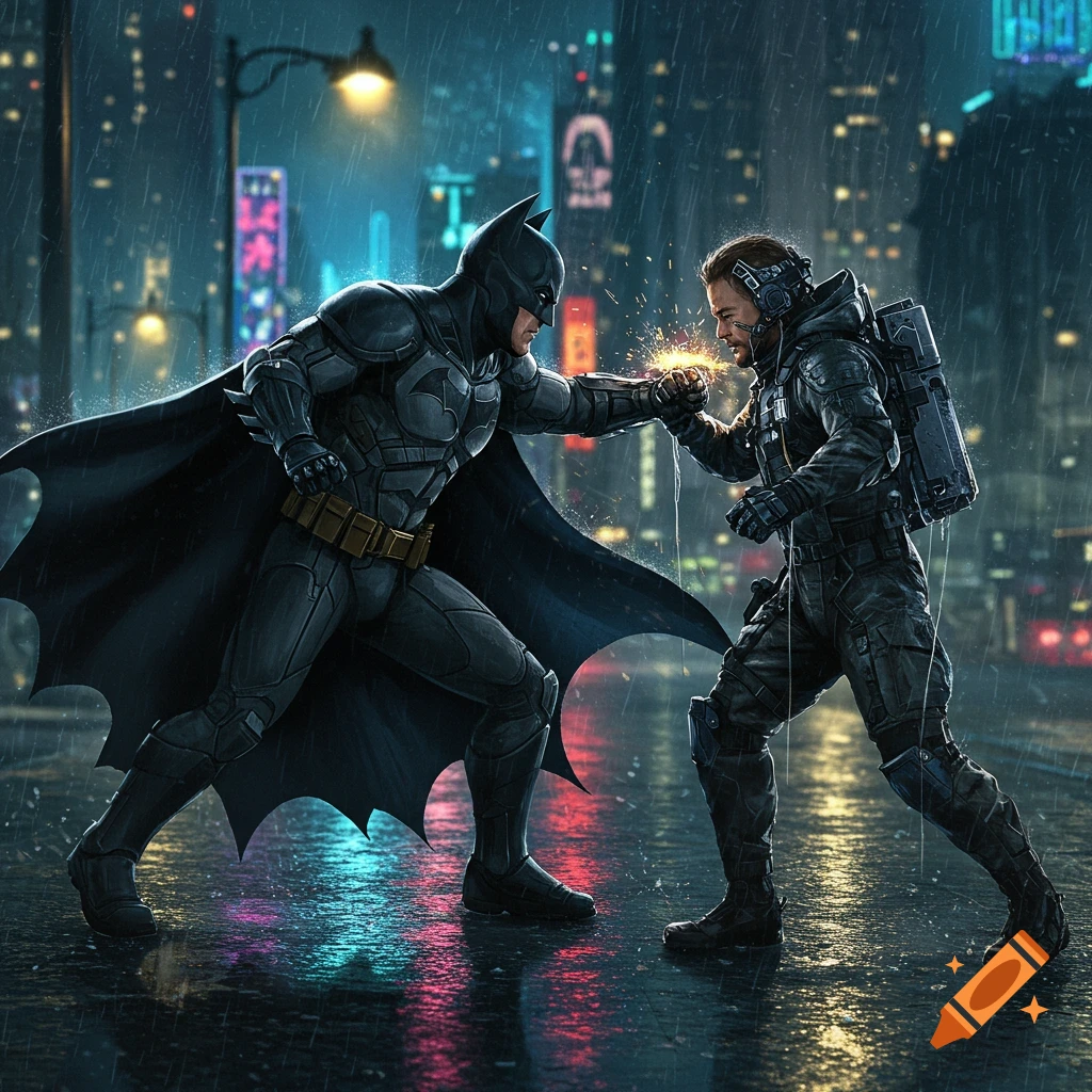 Batman punches a character resembling Sam from Death Stranding in a dark, rainy city street, surrounded by neon lights.