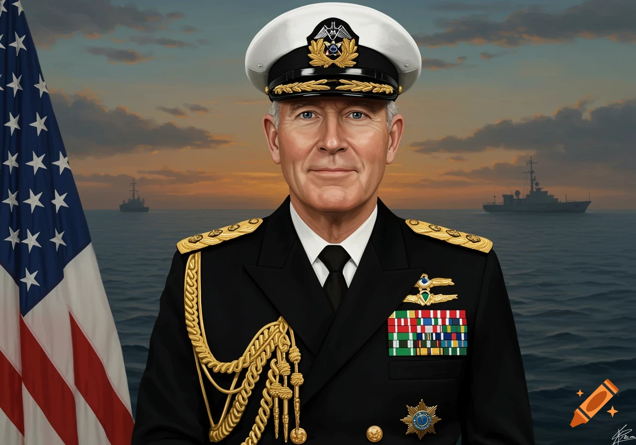 A portrait of a male vice admiral in uniform with a US flag and ships at sea at sunset.