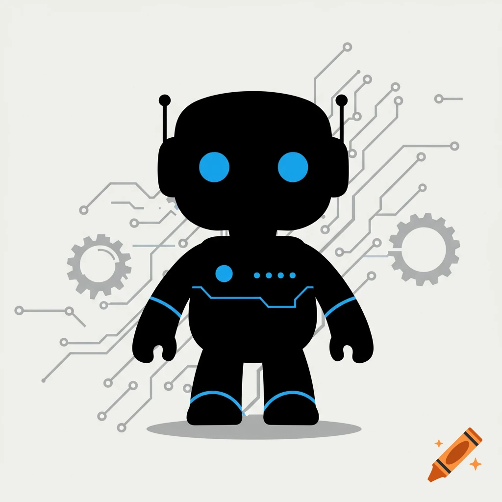 A cute black robot silhouette with glowing blue eyes and lines, set against a grey circuit board background with gears.