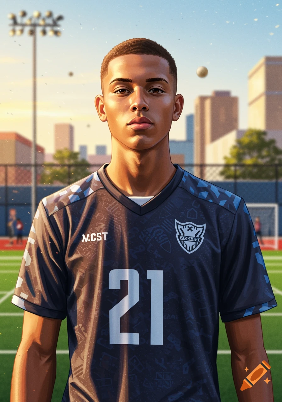 A young man with short hair wearing a dark blue football jersey with the number 21 stands on a football field. Digital illustration.
