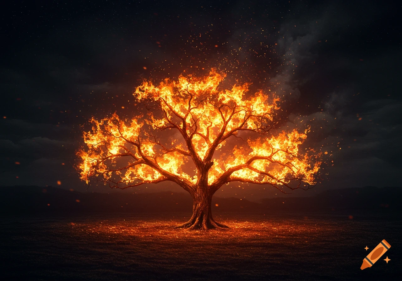 A large, leafless tree burns brightly with orange and yellow flames in a dark, open field under a cloudy night sky.