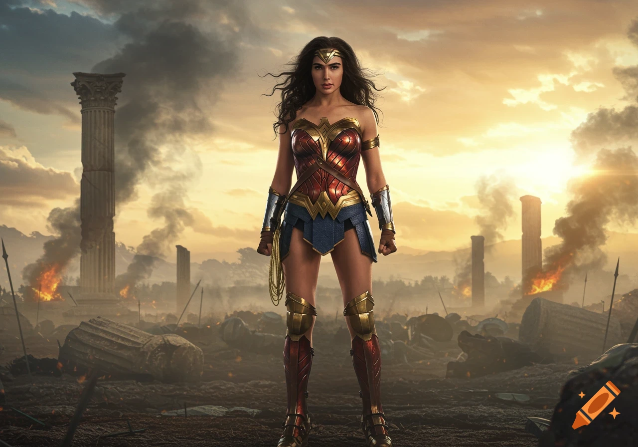 Photorealistic image of Wonder Woman standing amidst a smoky, fiery battlefield with ancient ruins at sunset.