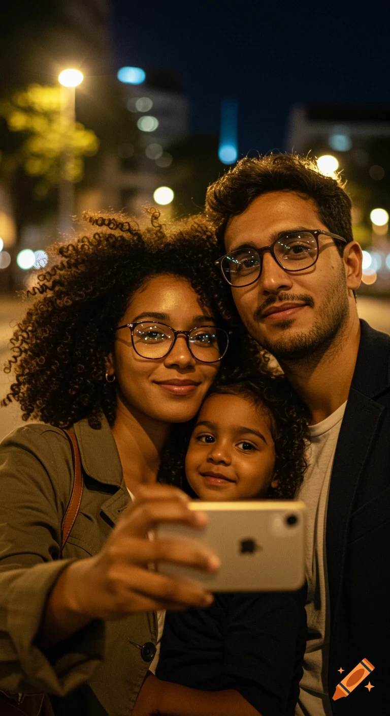 A family—a woman, a man, and a child—take a photorealistic selfie with an iPhone at night in a city.
