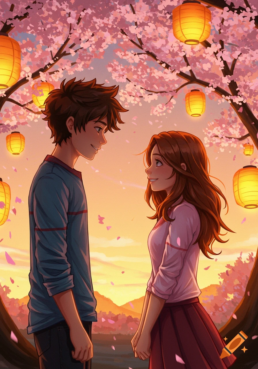 Anime-style illustration of a boy and girl looking at each other under a cherry blossom tree with glowing lanterns at sunset.
