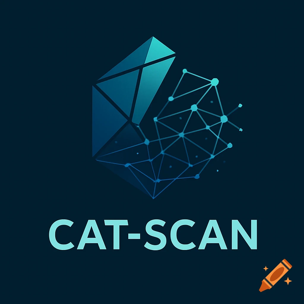 A modern, geometric logo for 'CAT-SCAN' featuring a blue and teal prism-like shape breaking into a network of connected nodes on a dark background.