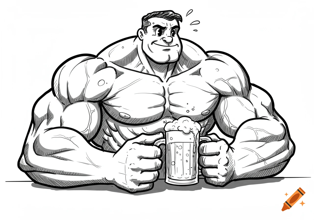 Black and white cartoon of a very muscular man with a prominent chest and arms, smiling while holding a frothy mug of beer.