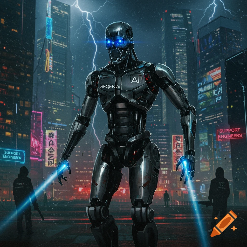 A powerful robot with glowing blue eyes and hands stands amidst a futuristic city under a lightning storm.