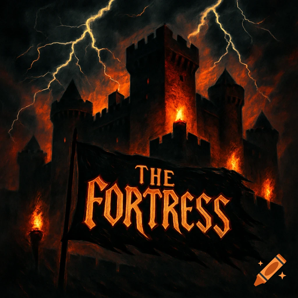 A dark, dramatic fortress under a lightning storm with fiery light, a flag reads 'THE FORTRESS'.