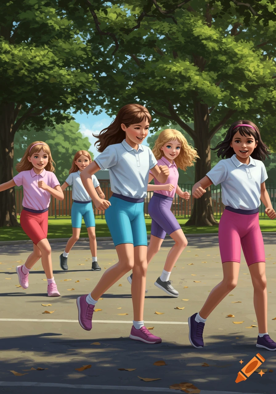 Illustrated image of several young girls in sportswear jogging outdoors on a paved path with trees in the background.