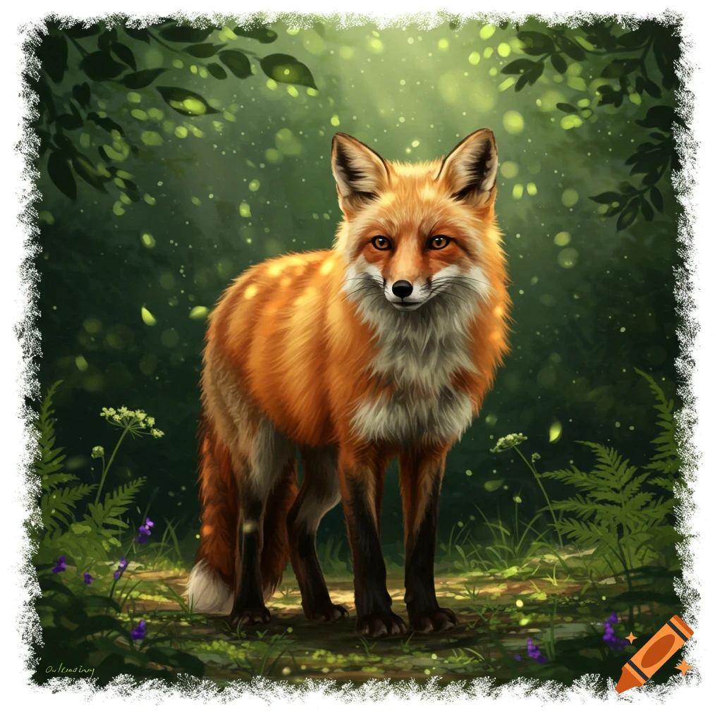 A vibrant red fox with white and black markings stands in a magical, sunlit forest with glowing particles and lush green foliage.