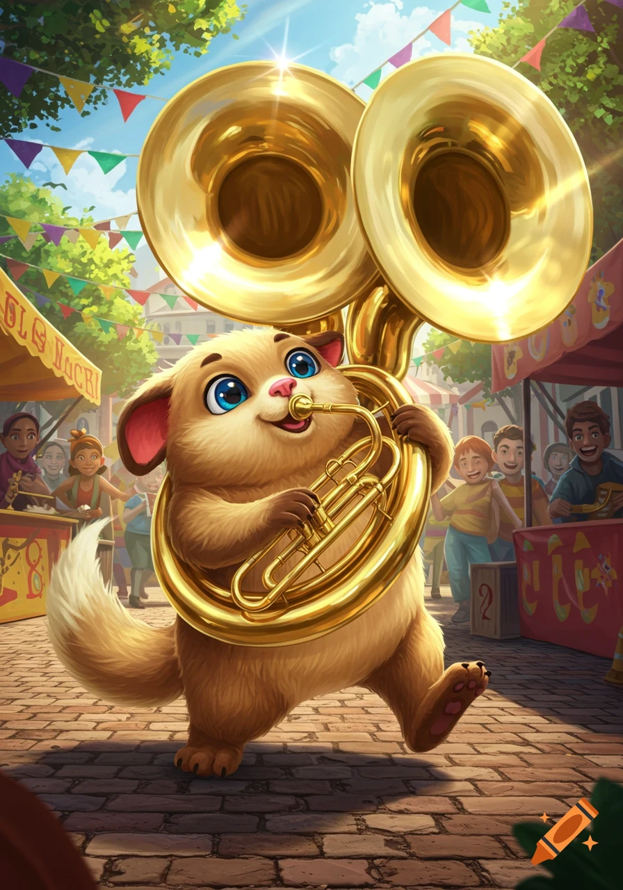 A cute, fluffy brown creature with big blue eyes plays a large golden tuba at a sunny outdoor festival.