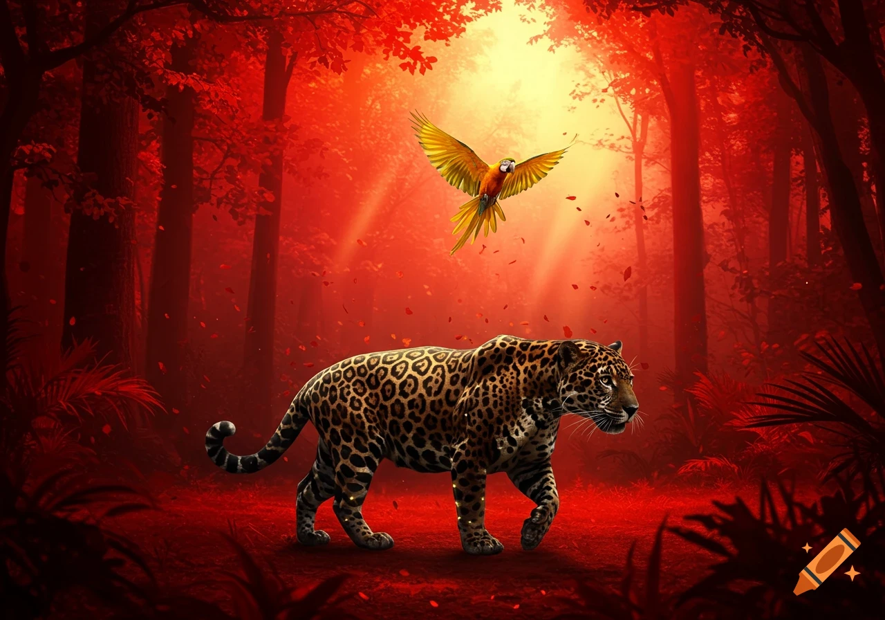 A vibrant jaguar with glowing spots walks through a surreal red forest, while a yellow macaw flies above.