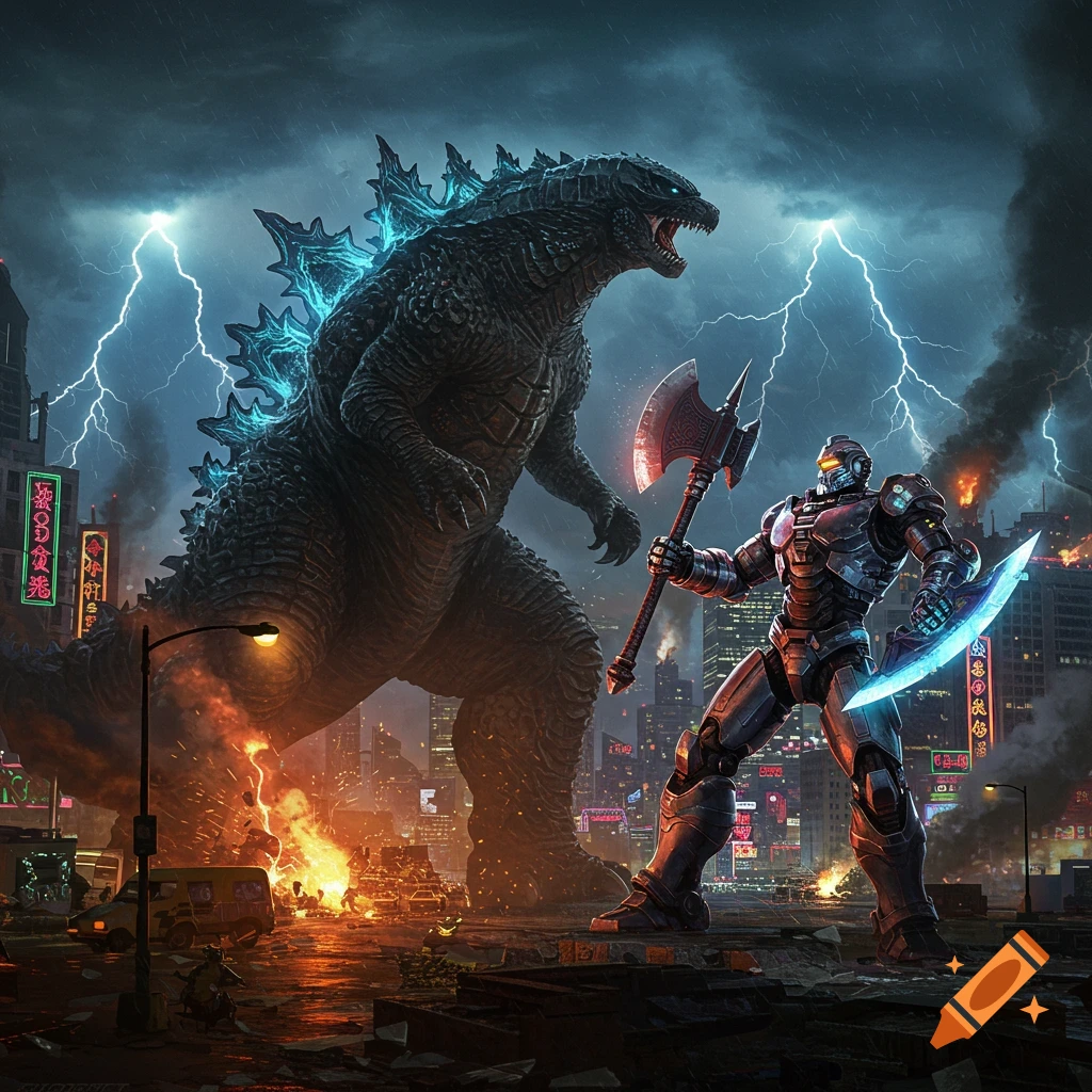 Godzilla battles a robot armed with an axe and glowing blade in a ruined city amidst lightning and explosions.
