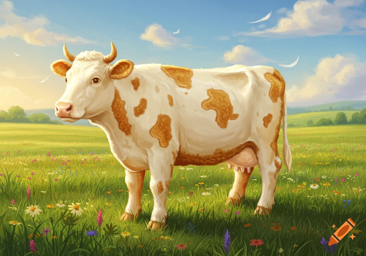 An illustrated white cow with golden-brown spots stands in a sunny green field with colorful wildflowers under a blue sky.