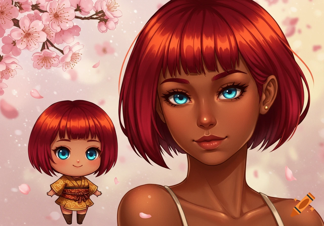 Anime-style portrait of a woman with red hair and blue eyes, alongside her chibi version, with cherry blossoms.