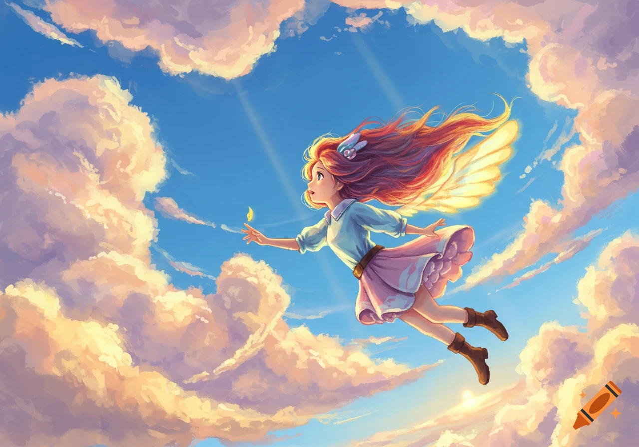 An animated girl with flowing red hair and small wings flies through a bright blue sky filled with fluffy, sunlit clouds.