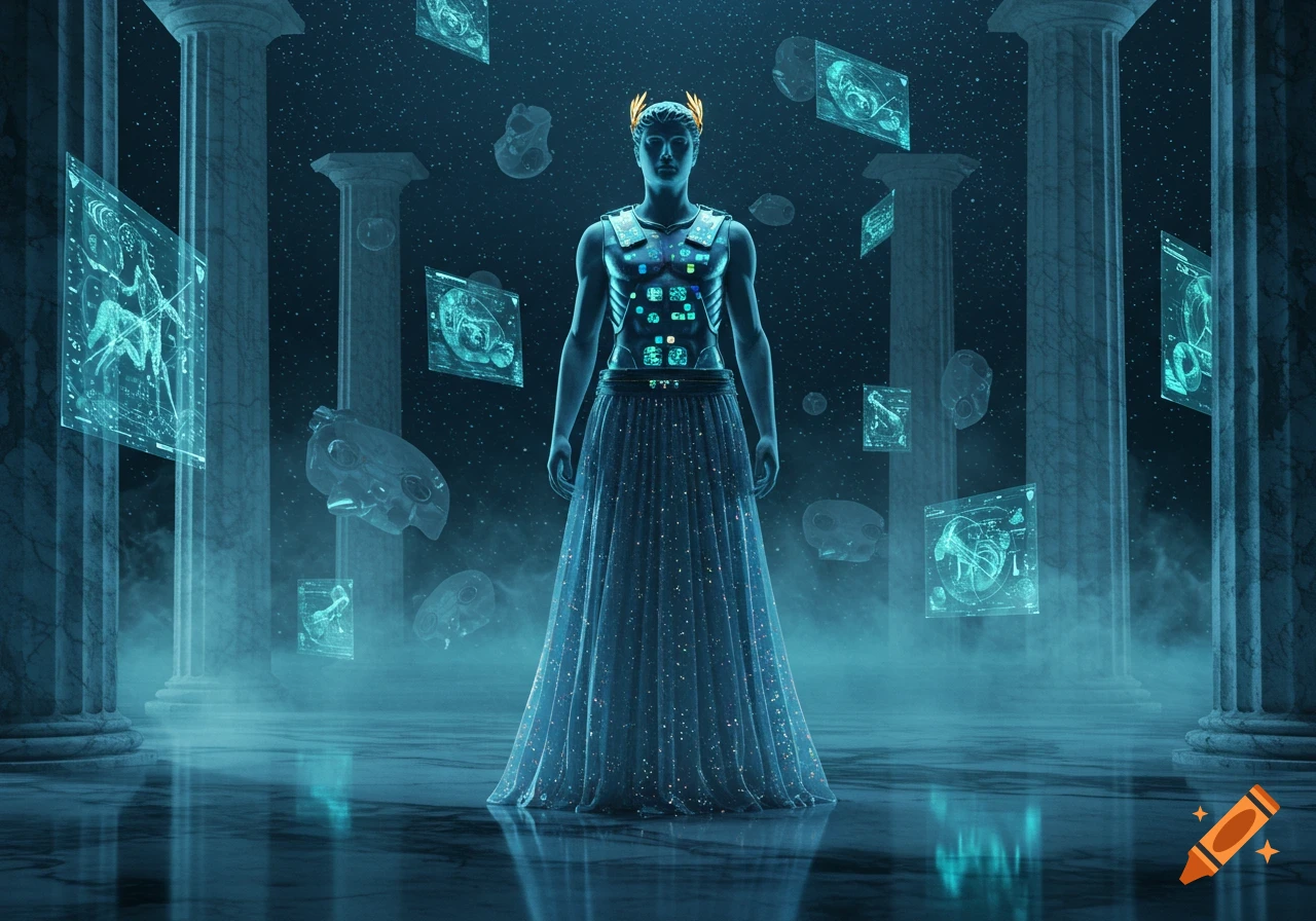 A sci-fi figure in a glowing top and sparkling skirt stands between classical columns, surrounded by floating holographic screens.