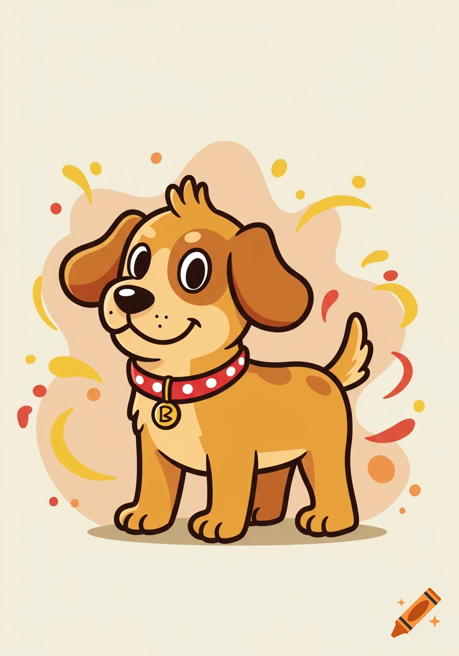 A smiling cartoon dog with a red collar and a gold B-tag stands on all fours against a light background with colorful splashes.