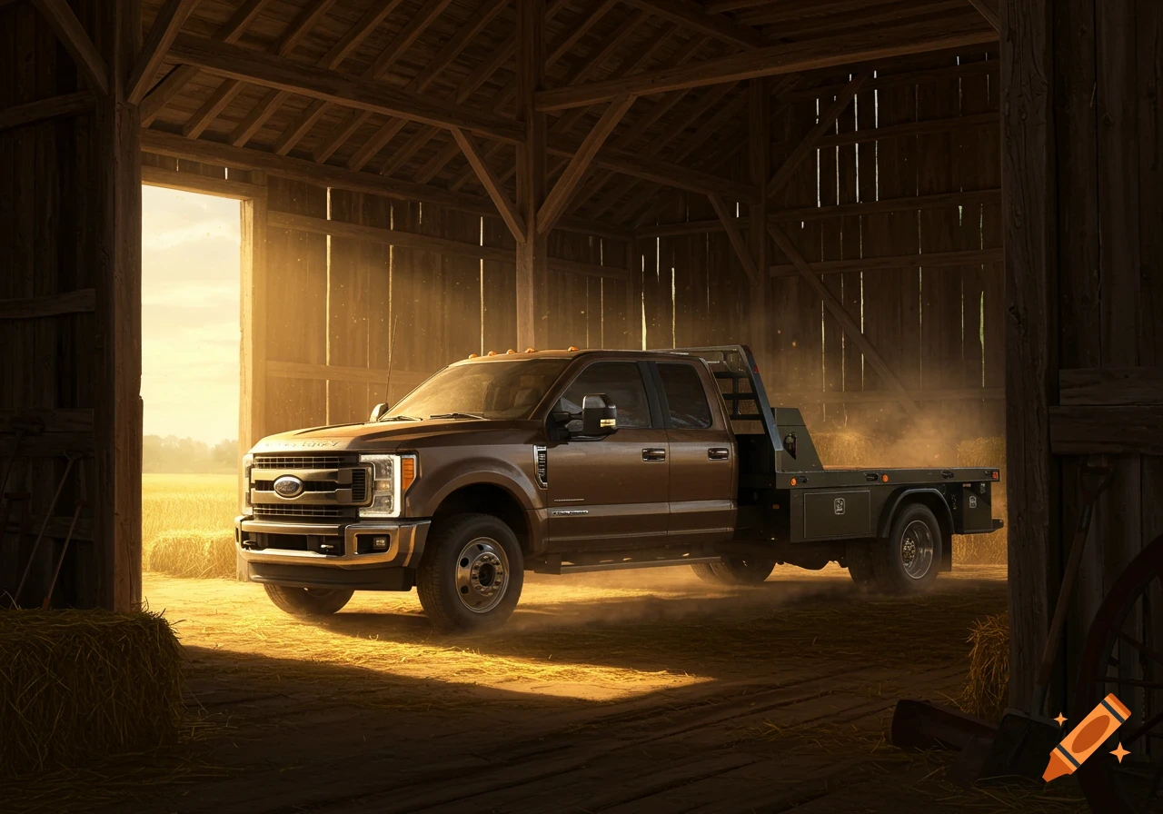 A brown Ford flatbed truck sits inside a dusty barn, illuminated by golden sunlight streaming from the open doors.