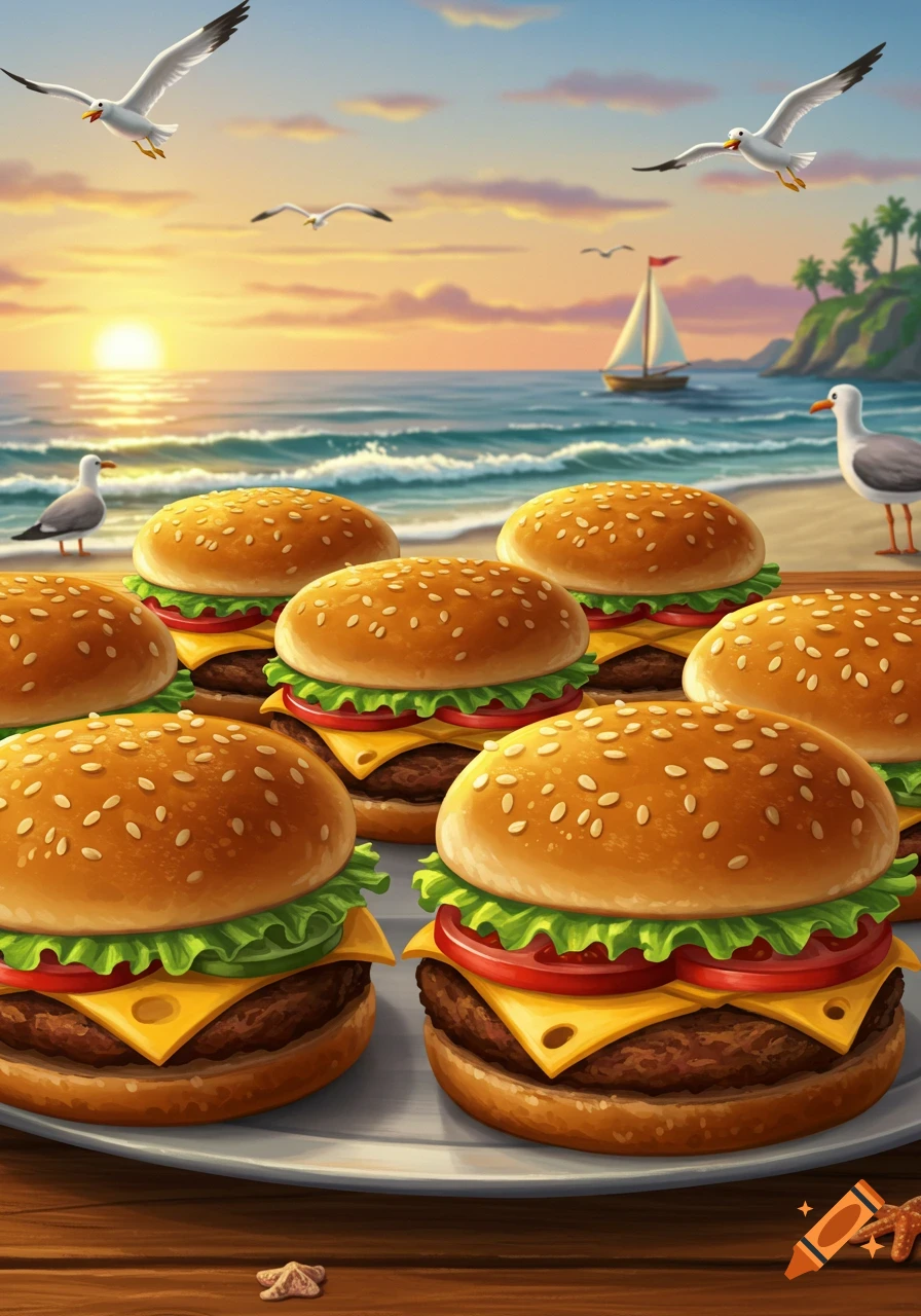 Cartoon illustration of multiple burgers on a table, with a beach sunset, ocean waves, seagulls, and a sailboat in the background.