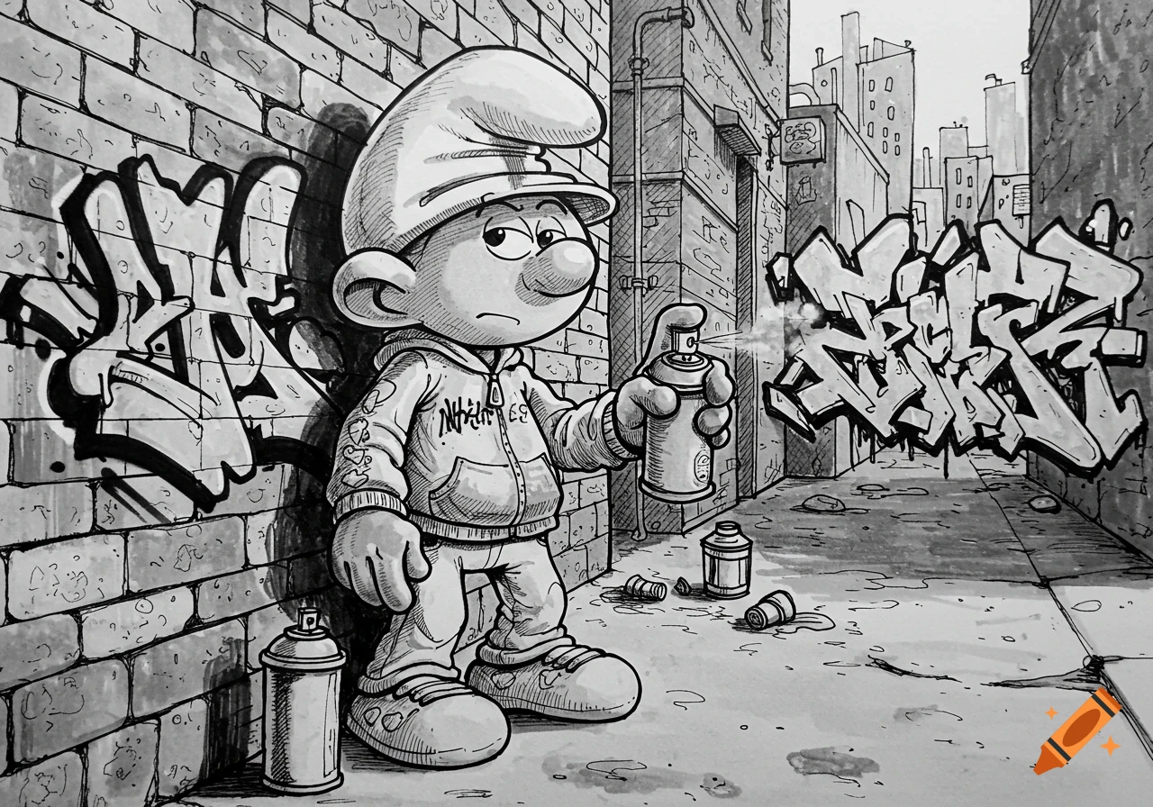 A black and white sketch of a Smurf in a hoodie holding a spray can, standing in an alleyway covered in graffiti.