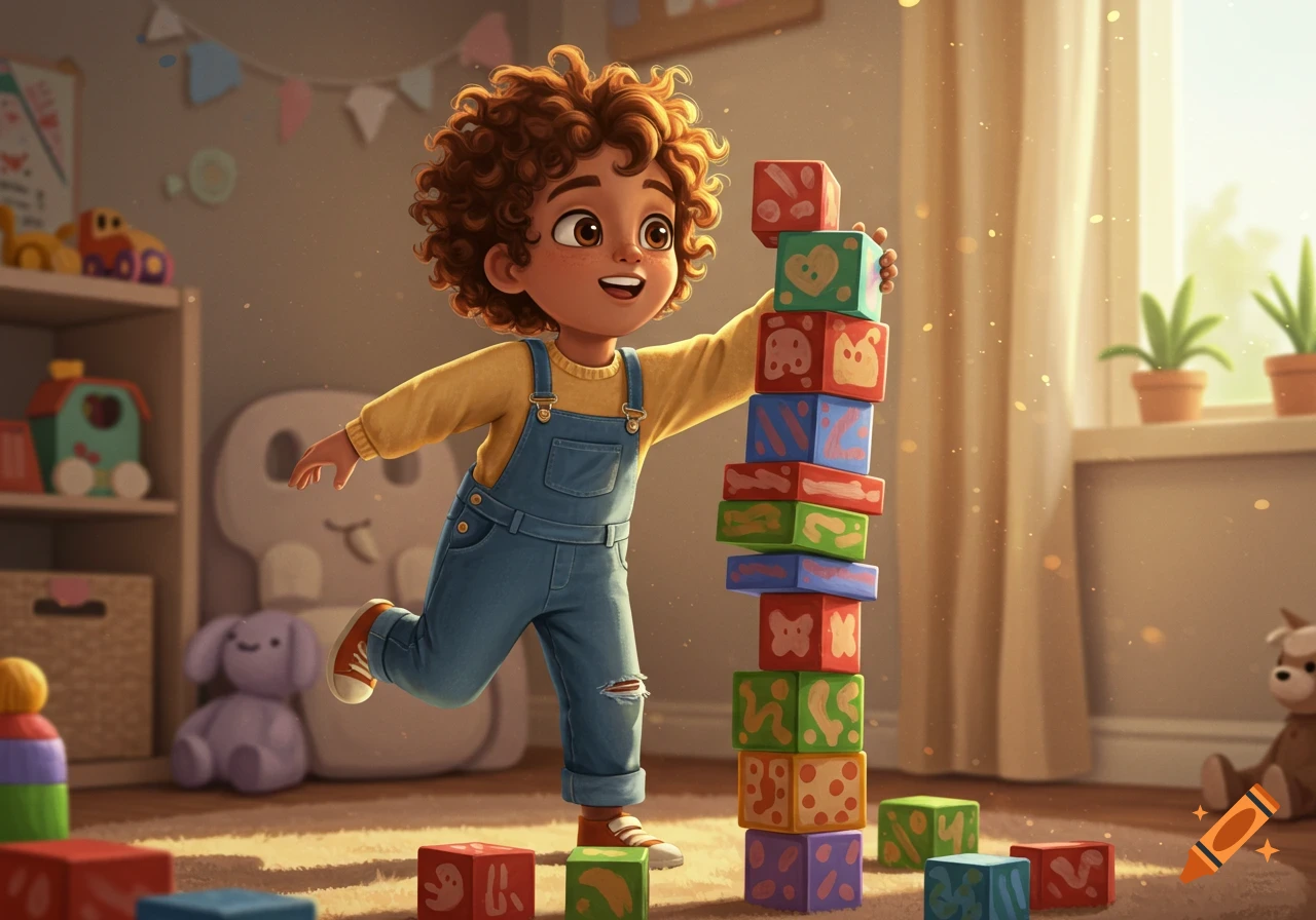 An animated child with curly hair excitedly stacks colorful building blocks in a bright, sunlit playroom.