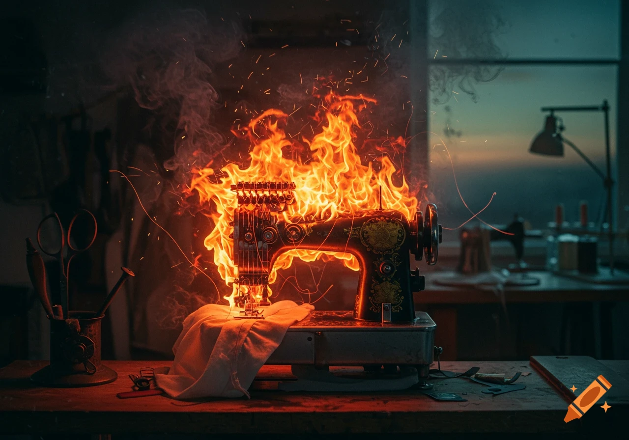 A vintage sewing machine is engulfed in bright orange flames and sparks, sitting on a wooden table in a dimly lit room.