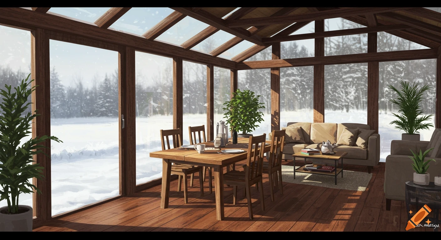 A sunny solarium with a wooden dining table and chairs, a couch, and plants, overlooking a snowy winter landscape.