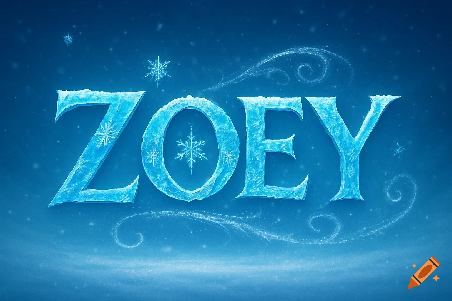 The name ZOEY is rendered in icy, light blue 3D letters with cracks and textures, set against a dark blue background with falling snowflakes and swirling frosty patterns.