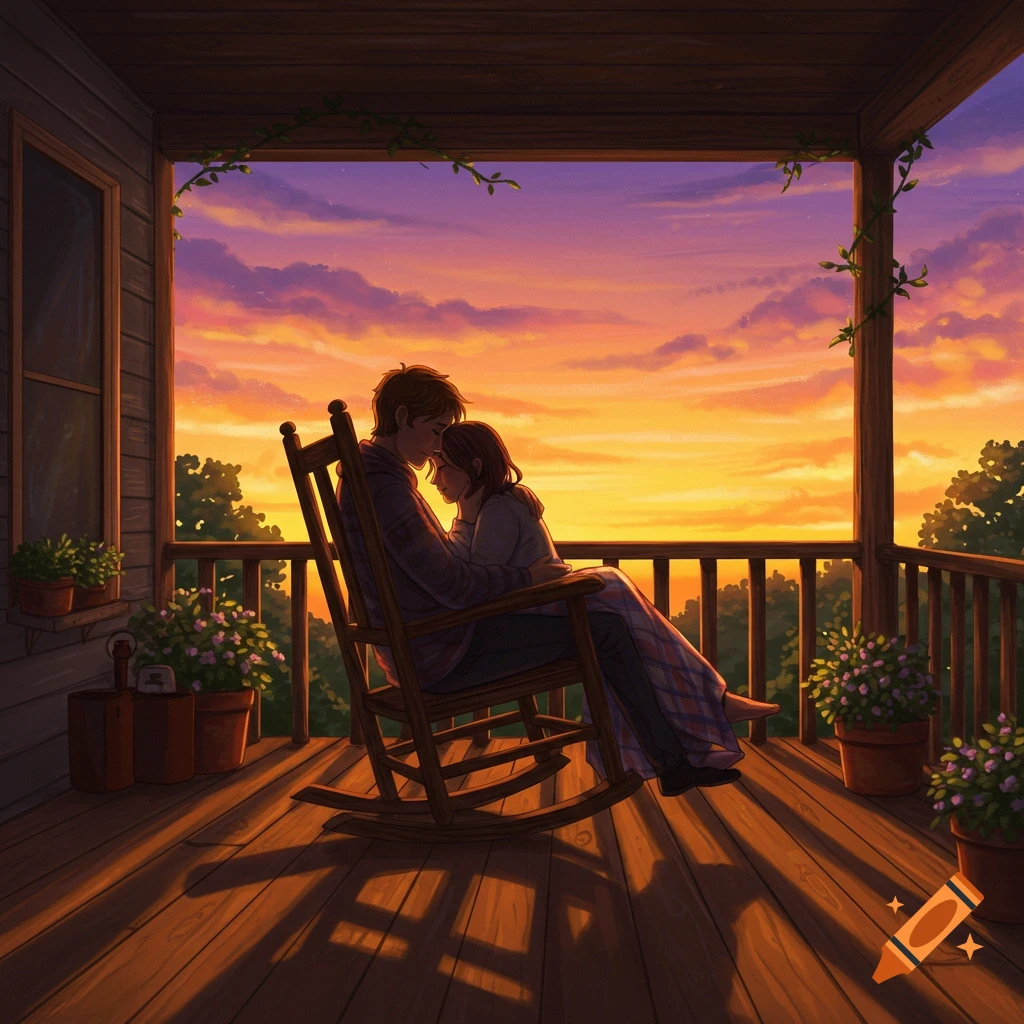 A couple embraces in a rocking chair on a wooden porch, silhouetted against a vibrant orange and purple sunset.