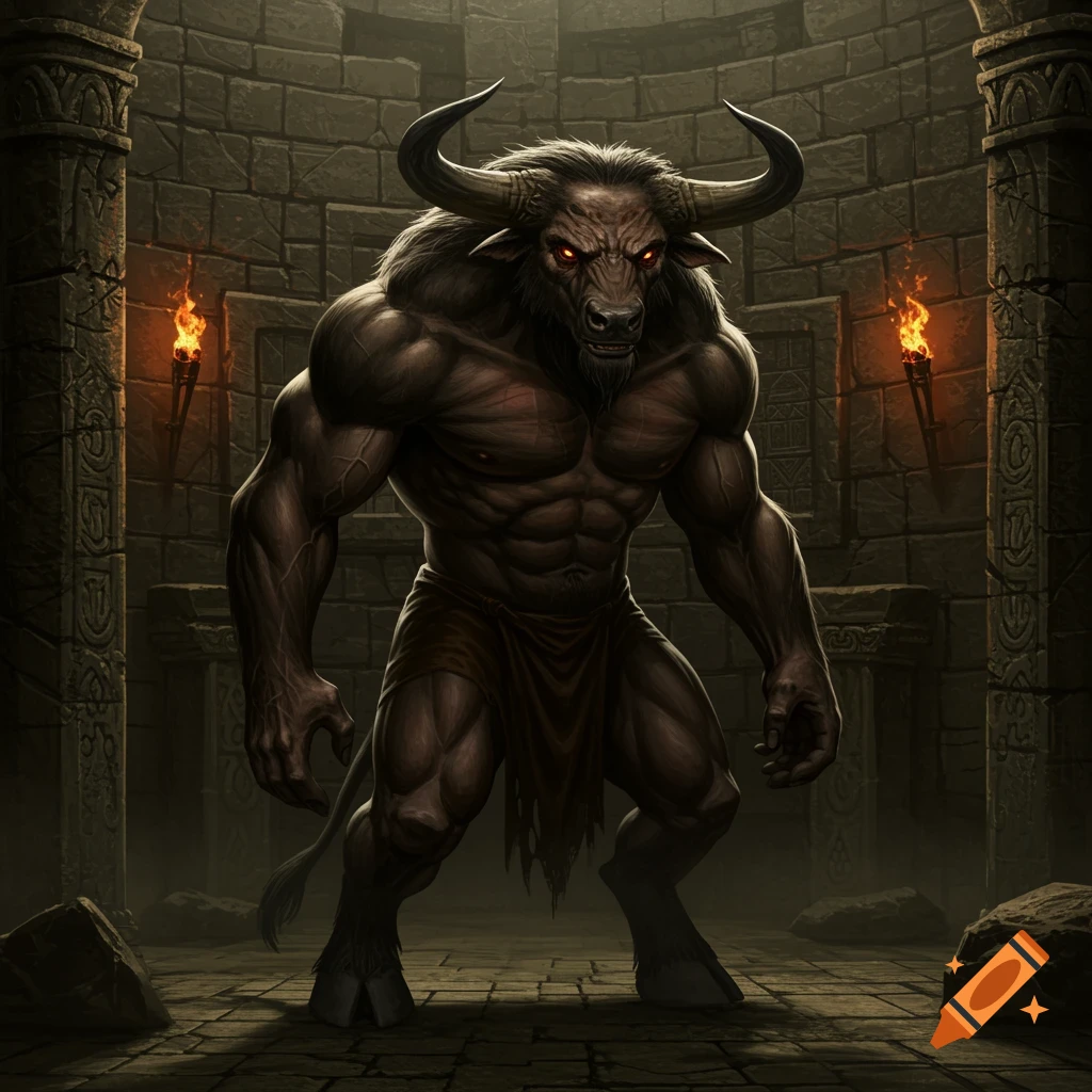 A powerful, muscular minotaur with glowing red eyes stands in a dark stone dungeon with torches on the walls.