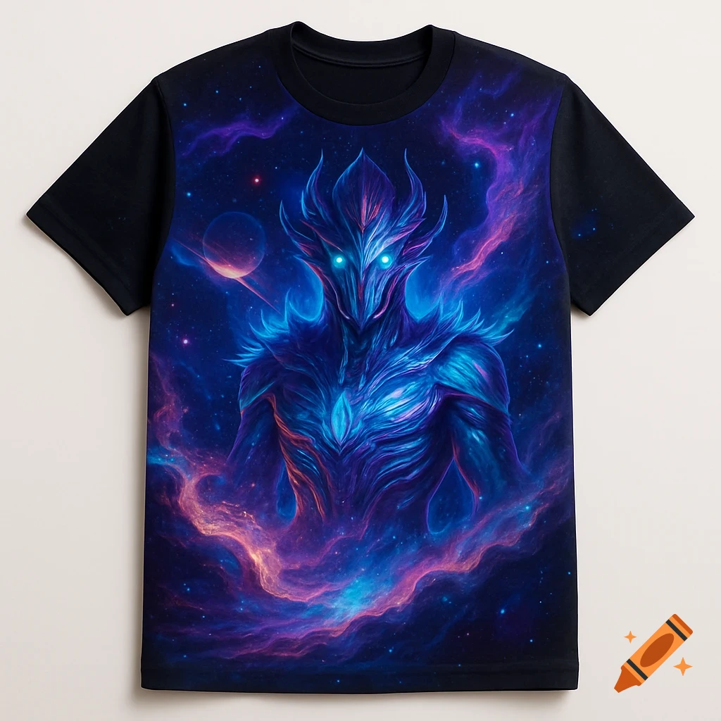A black T-shirt featuring a vibrant sci-fi illustration of a blue and purple cosmic alien creature with glowing eyes against a nebula background.