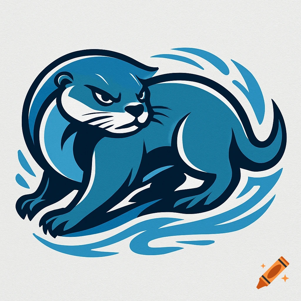 A stylized blue and dark blue logo of an aggressive-looking river otter, with abstract wave-like shapes.