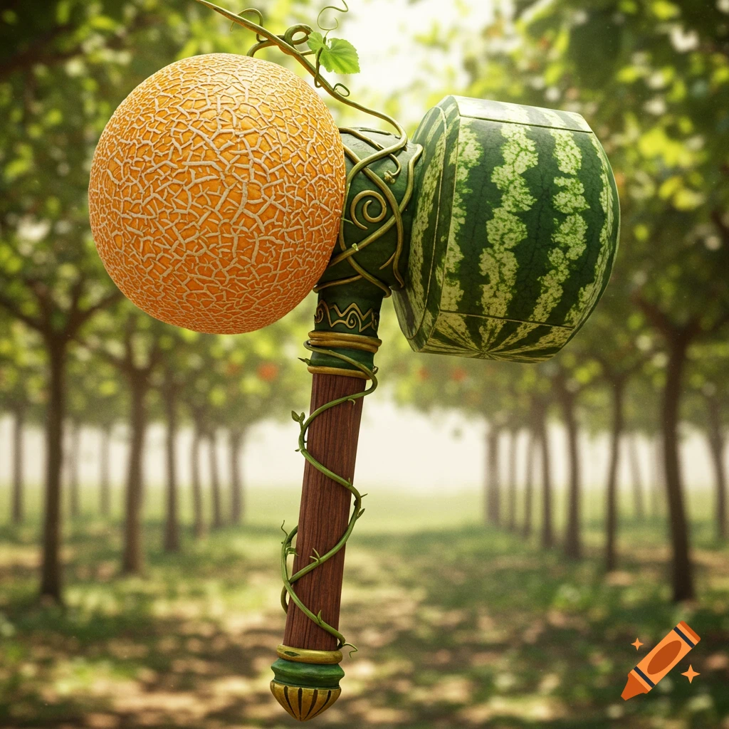 A fantasy warhammer made from a cantaloupe and a watermelon, with a vine-wrapped wooden handle, in a sunny orchard.