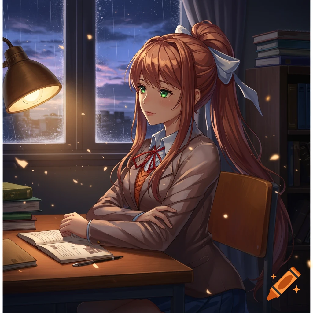An anime girl with long brown hair and green eyes, wearing a school uniform, sits at a desk by a window during a rainy evening. She is looking out the window while books and a lamp are on her desk.