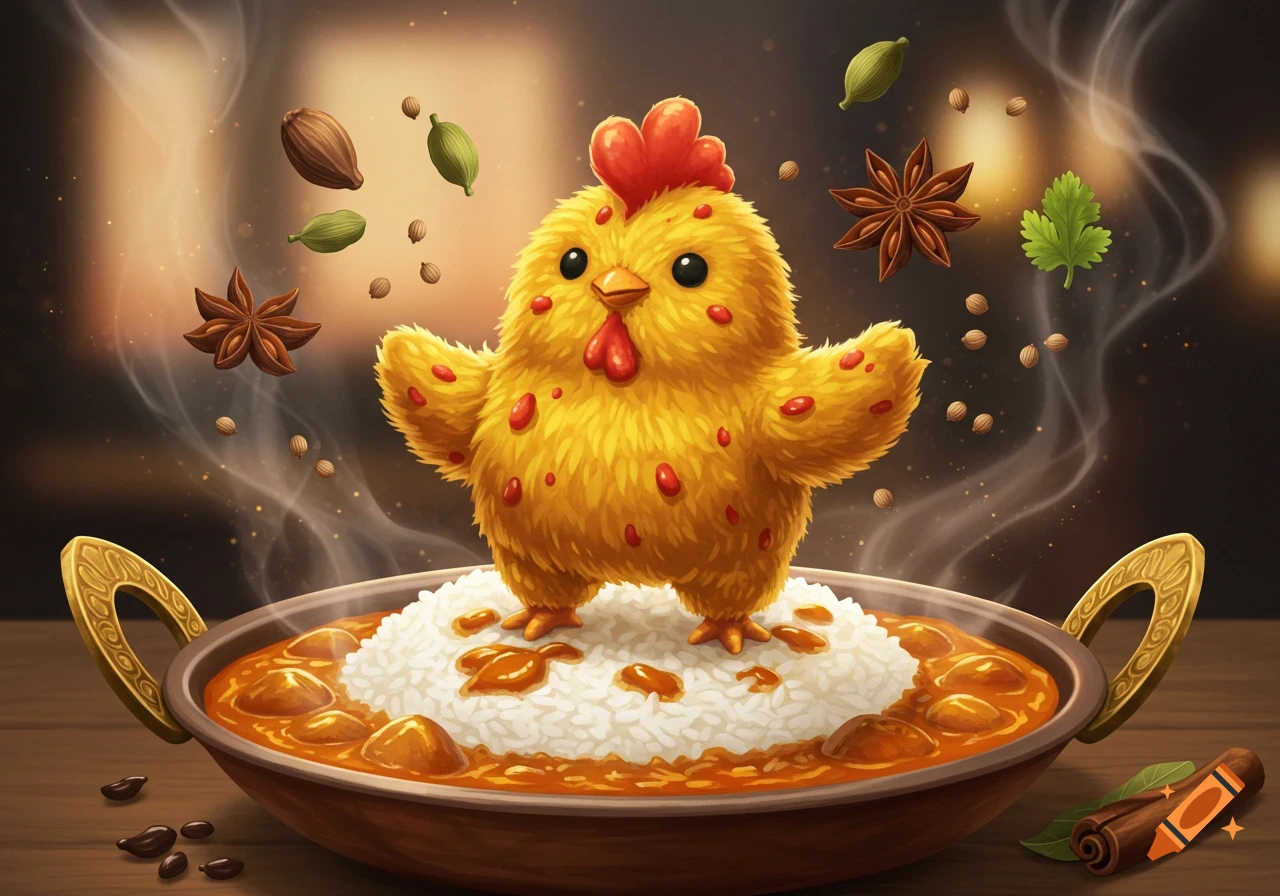 A cute, fluffy yellow chicken with red spots stands on a mound of white rice in a bowl of curry, with spices floating above.