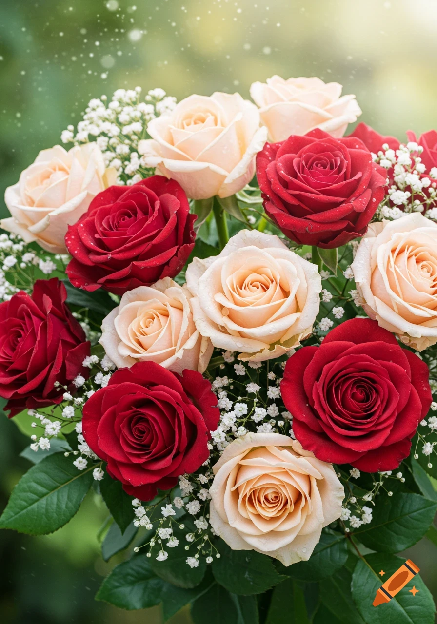 A close-up view of a vibrant bouquet of red and light pink roses with small white accent flowers and green leaves.
