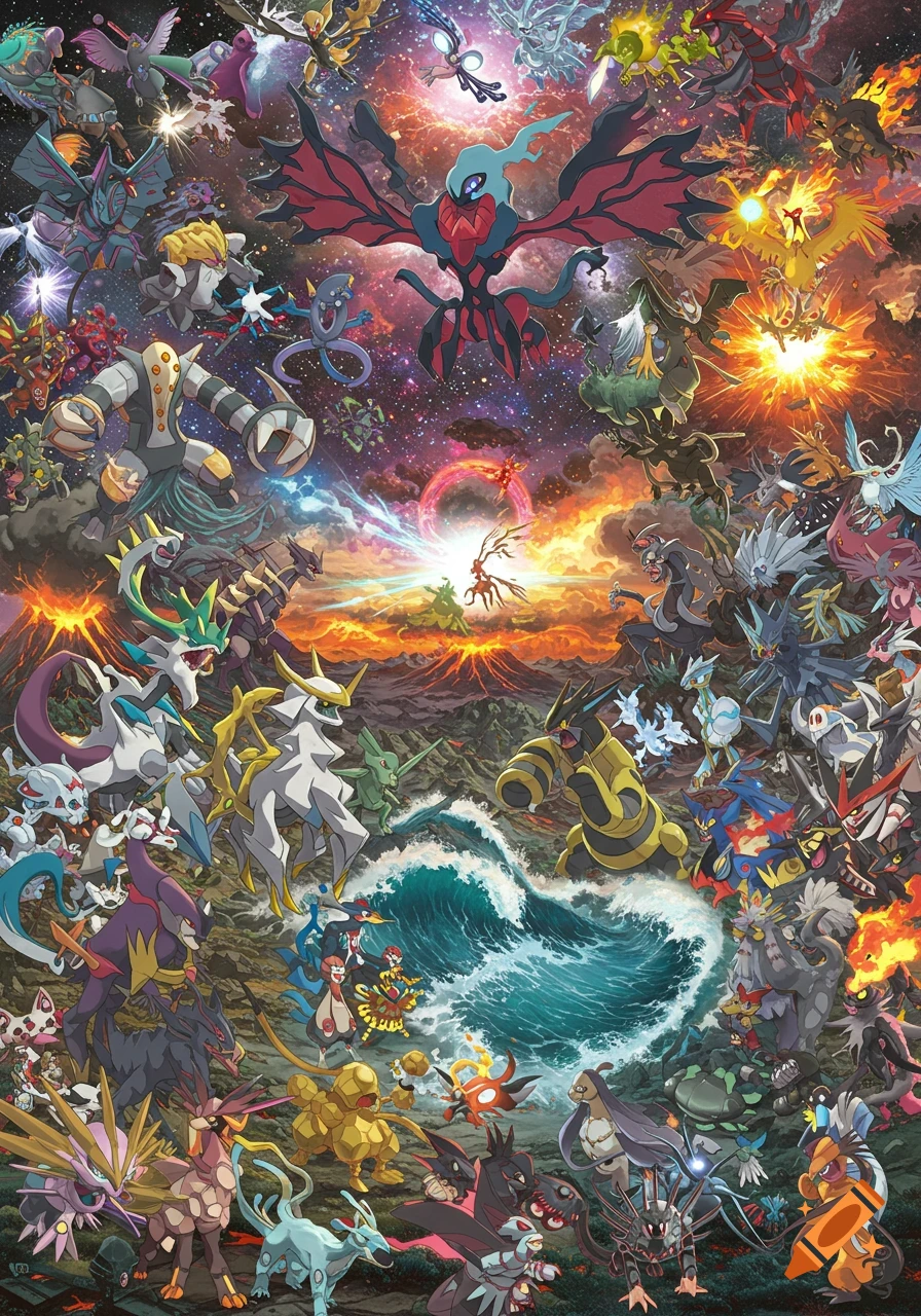 A vibrant, epic battle scene featuring numerous legendary and mythical Pok the background, an ocean in the foreground, and space above.