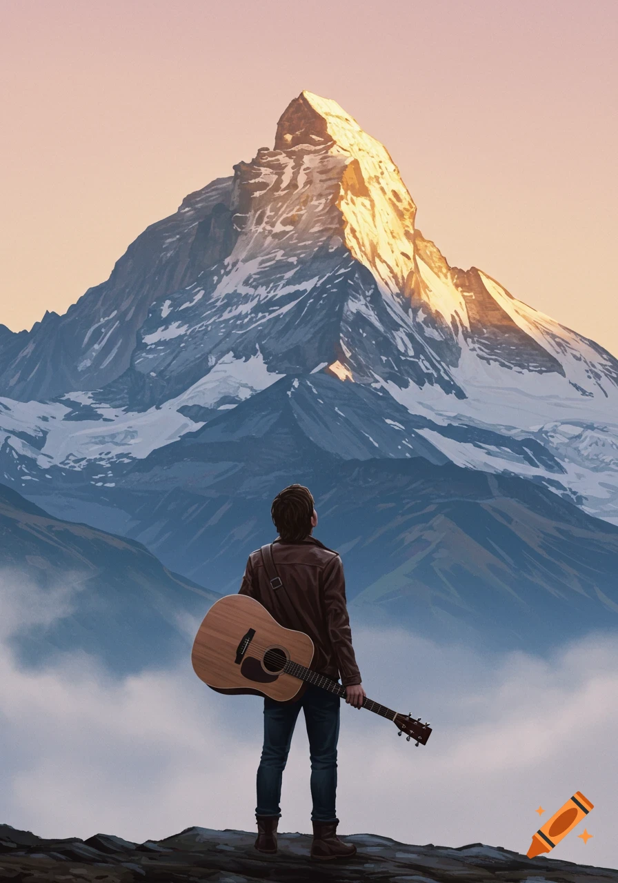 Person with a guitar looking at a huge, snow-capped mountain at sunset, illustration.