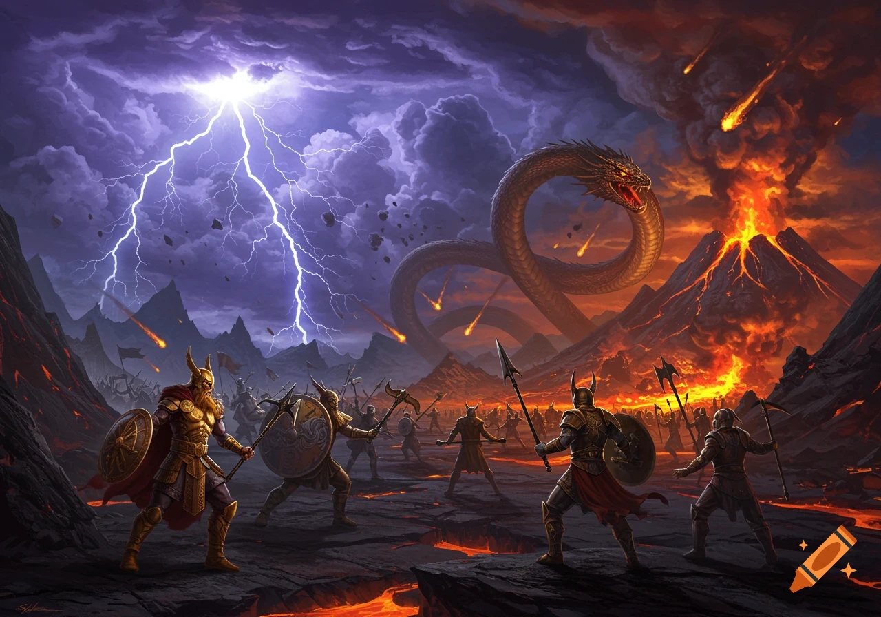A dramatic fantasy battle scene featuring warriors in golden armor facing a giant serpent amidst a volcanic eruption and a lightning storm.